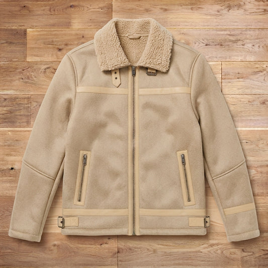 Custom Men's Tan Faux Suede Shearling Collar Aviator Jacket