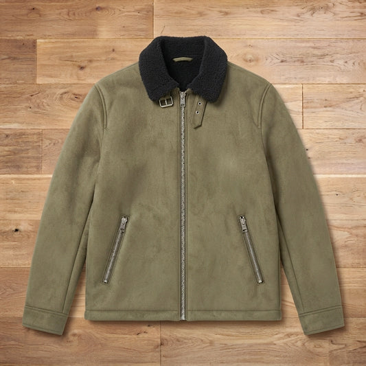 Custom Men's Olive Faux Suede Shearling Collar Bomber Jacket