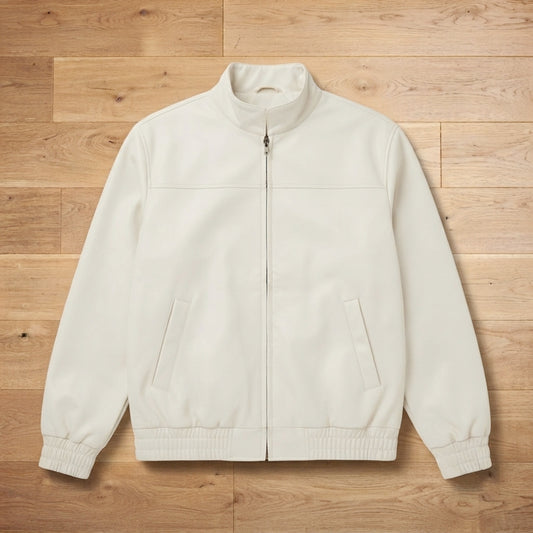 Custom Men's Minimalist Off-White Faux Leather Bomber Jacket