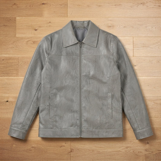 Custom Men's Classic Grey Faux Leather Casual Jacket