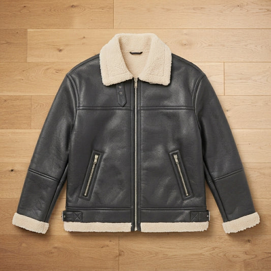 Custom Men's Faux Shearling Trim Black Leather Bomber Jacket