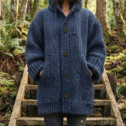 Women's Casual Oversized Chunky Knit Hooded Cardigan – Button-Down Long Sleeve Pocket Sweater Coat