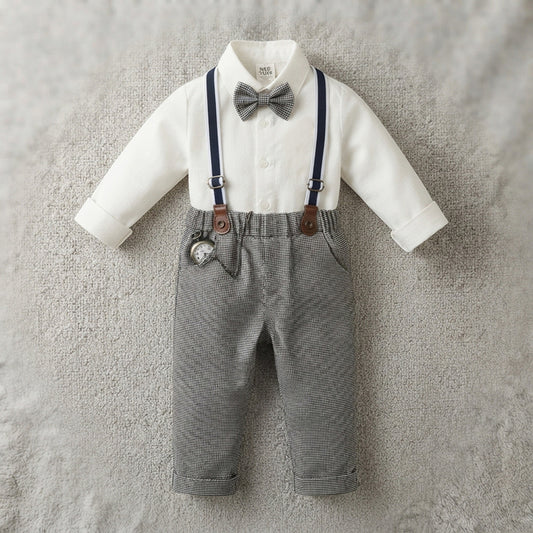 Baby Boy Gentleman Outfit Set Long Sleeve Shirt Houndstooth Suspenders Pants with Bowtie