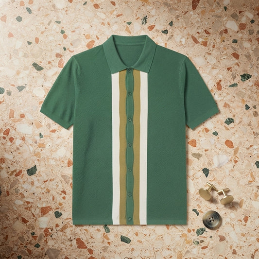 Custom Men’s Contrast Stripe Placket Knit Polo – Forest Green